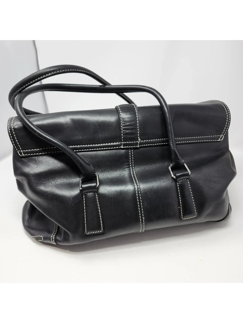 Coach Black Leather Flap Satchel Bag Contrast Stitching